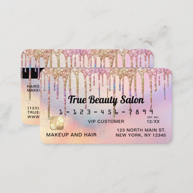 Rainbow Holographic Glitter Drips Credit Business Card (back side)