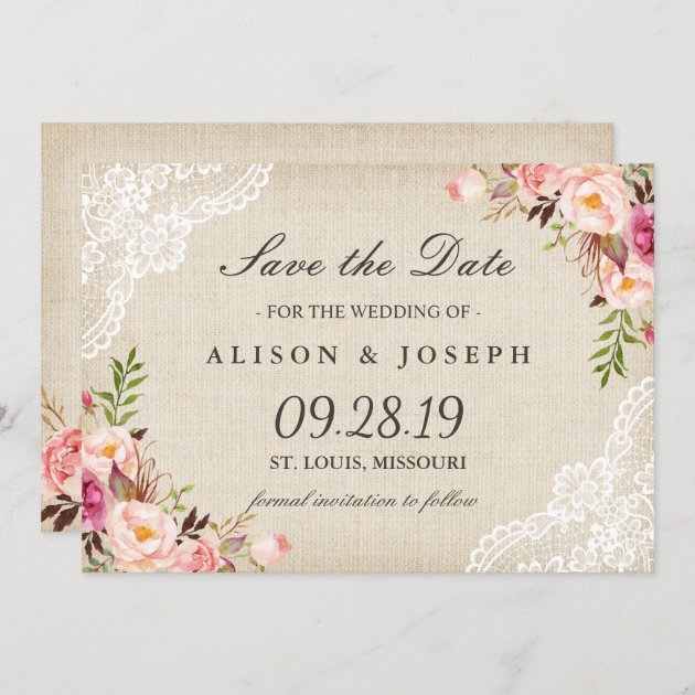 Rustic Floral Lace Ivory Burlap Save The Date