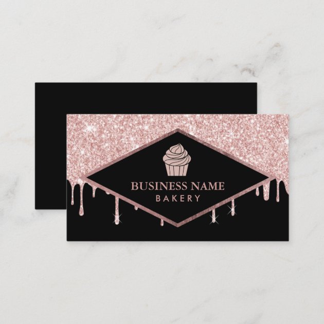 Cupcake Pastry Cake Bakery Rose Gold Glitter Drips Business Card (back side)