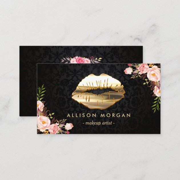 Stunning Gold Lips Makeup Artist Floral Business Card (back side)