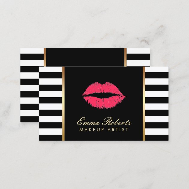 Makeup Artist Red Lips Modern Black White Stripes Business Card (back side)