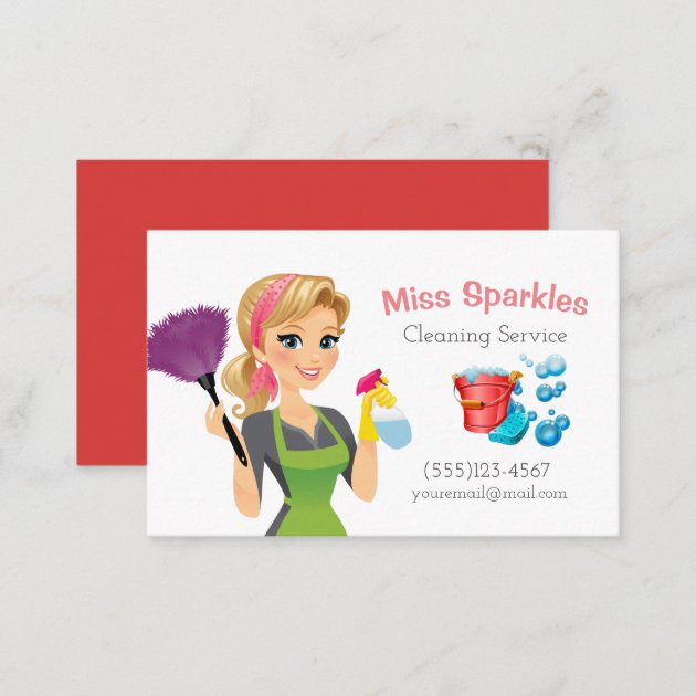 Cute Cartoon Maid House Cleaning Services Business Card (back side)