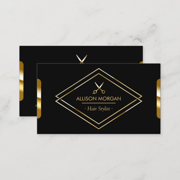 Hair Stylist Scissors Luxury Black Gold Look Business Card (back side)
