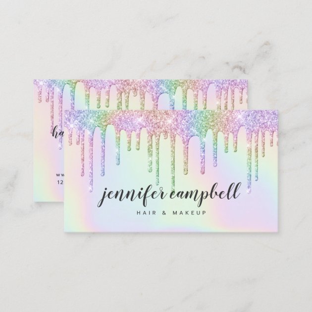 Holographic unicorn makeup hair glitter drips glam business card (back side)