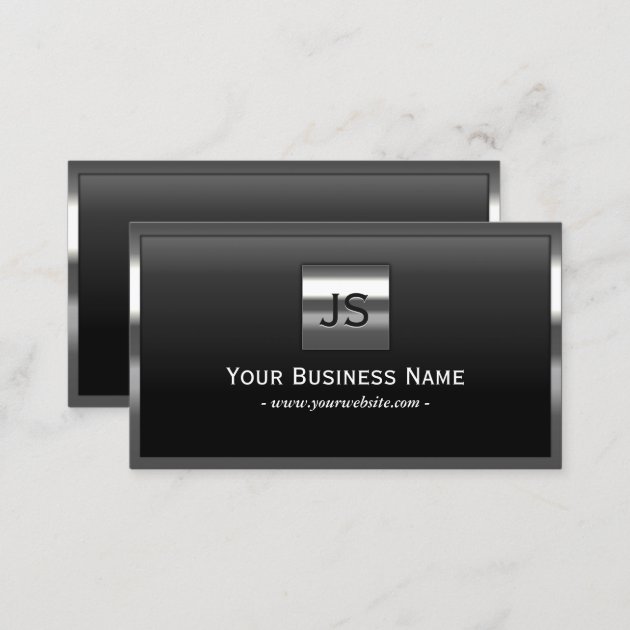 Elegant Monogram Metal Frame Professional Dark Business Card (back side)