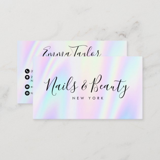 Salon script holographic glam abstract iridescent business card (back side)