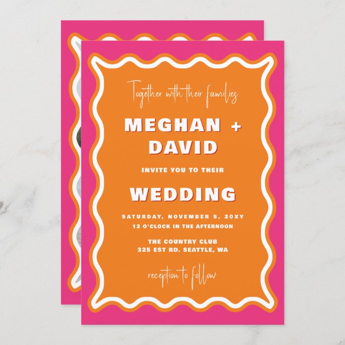 Retro Squiggle Wavy Pink Orange Photo Wedding Invitation