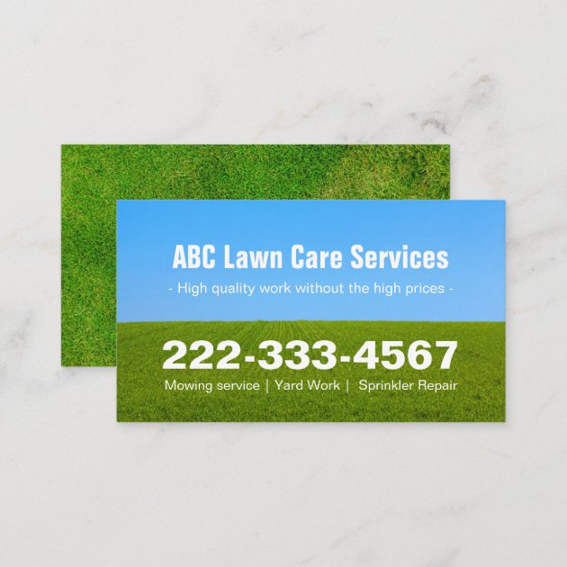 Mowing Lawn Care Green Field Grass Blue Sky Business Card (back side)