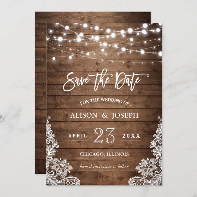 Save The Date - Twinkle Lights Rustic Wood Lace