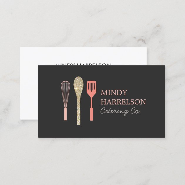 Glitter Spoon Whisk Spatula Bakery Catering Logo Business Card (back side)