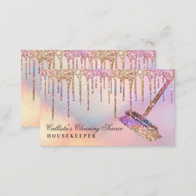 Rainbow Holographic Glitter Drips Cleaning Service Business Card (back side)
