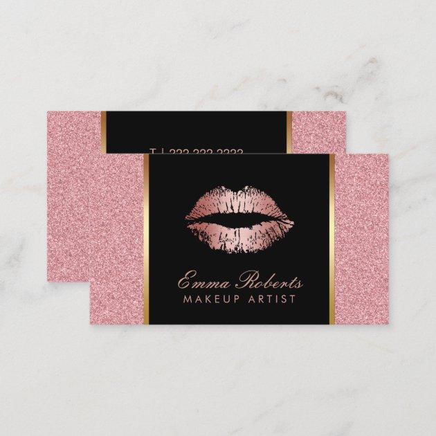 Makeup Artist Rose Gold Glitter Lips Modern Salon Business Card (back side)