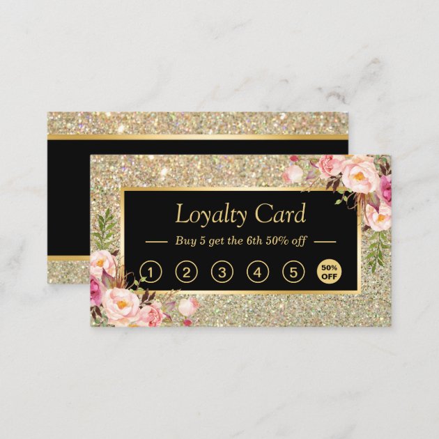Girl Floral Gold Glitter Sparkling Loyalty Card (back side)