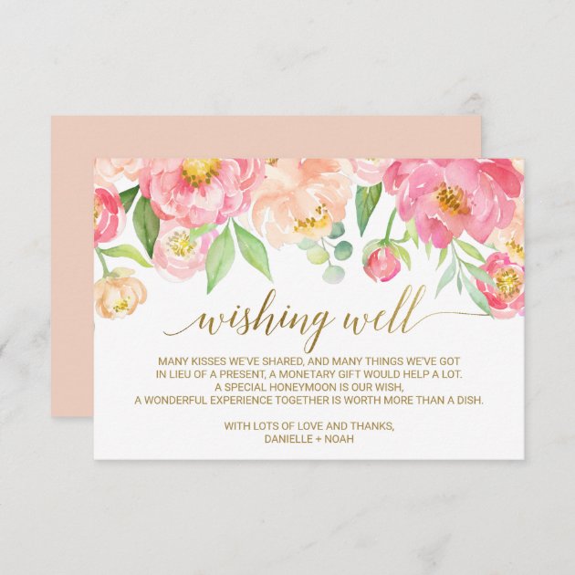 Peach And Pink Peony Flowers Wedding Wishing Well Enclosure Card