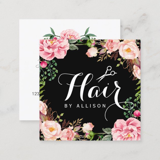 Hair Stylist Hairdresser Scissors Floral Wrapping Square Business Card (back side)
