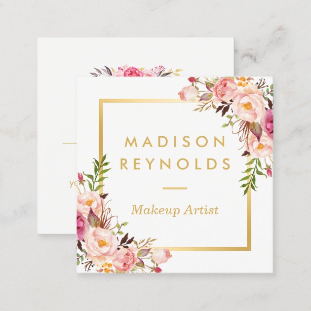 Elegant Chic Gold Frame Girly Pink Floral Personal Square Business Card (back side)