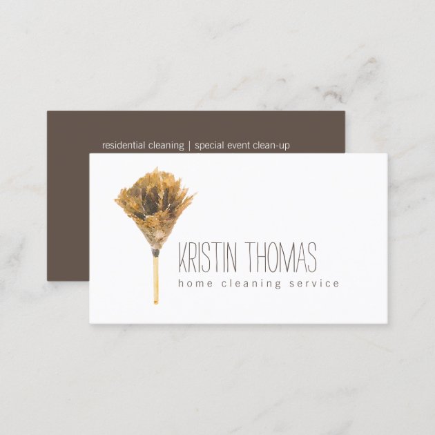 Watercolor Feather Duster Home Cleaning Service Business Card (back side)