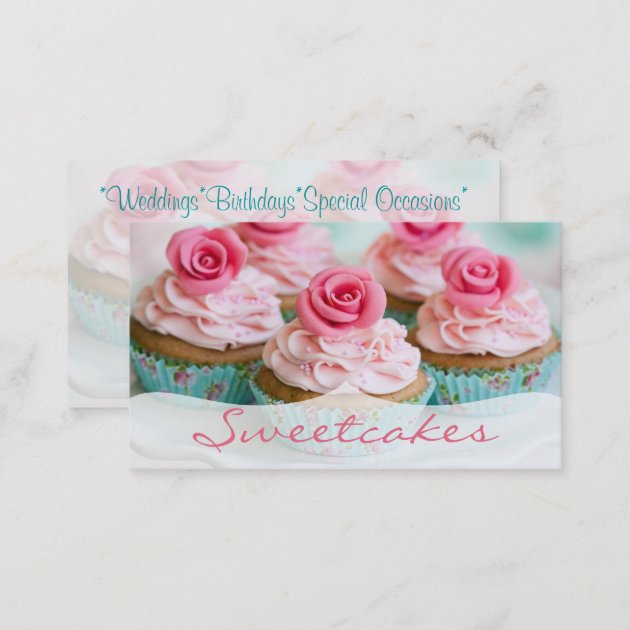 Pink n' Teal Rose Cupcake Bakery Business Card (back side)