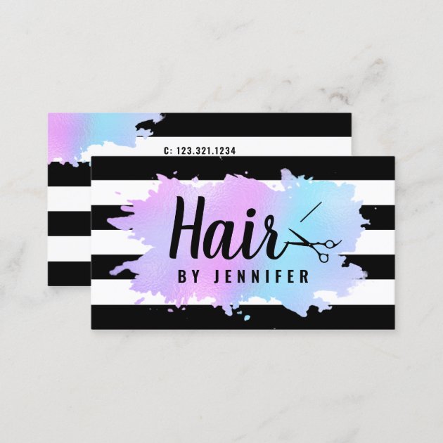Elegant blue & purple scissors hairstylist business card (back side)