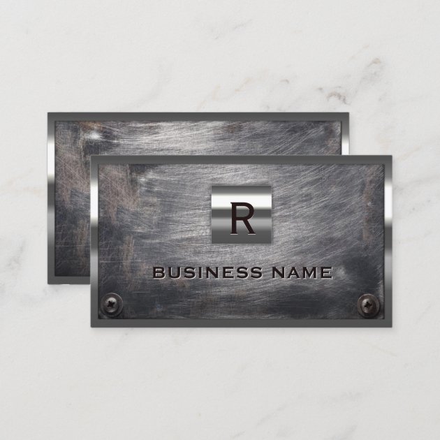 Construction Grunge Steel Monogram Metal Framed Business Card (back side)