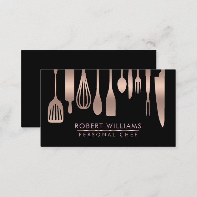 Rose Gold Chef Kitchen Tools Glitter Faux Catering Business Card (back side)