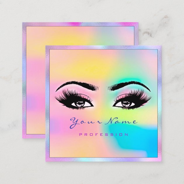 Makeup Artist Professional Eyeash Holograph Pink Square Business Card (back side)