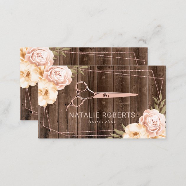 Hair Stylist Rose Gold Scissor Rustic Floral Business Card (back side)