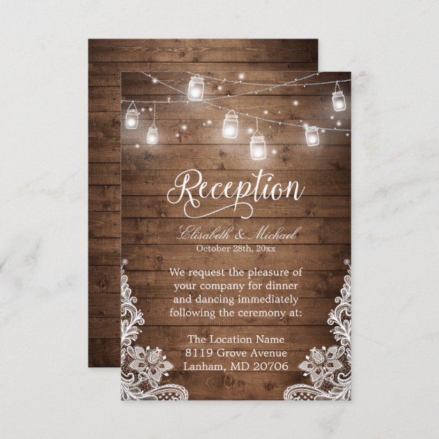 Rustic Wood Mason Jar String Lights Lace Reception Enclosure Card