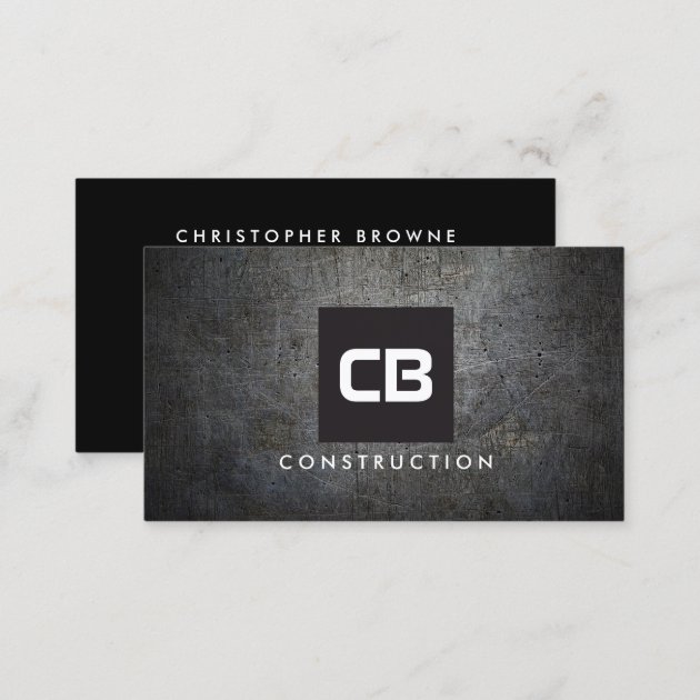 Black Square Monogram Grunge Metal Construction Business Card (back side)