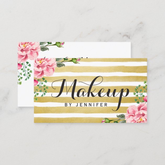 Makeup Artist Script Classy Floral Gold Striped Business Card (back side)