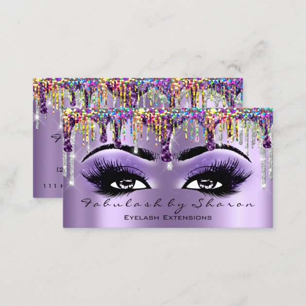 Makeup Artist Brow Eyelash Drips Purple Holograph Business Card (back side)