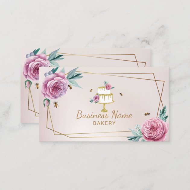 Bakery Pastry Chef Pink Flower & Bees Sweet Cake Business Card (back side)