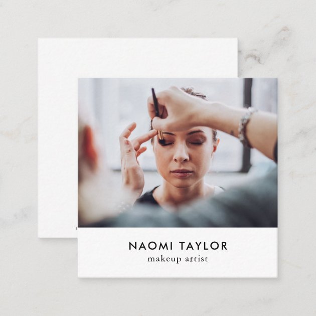 Modern white makeup artist photo elegant simple square business card (back side)