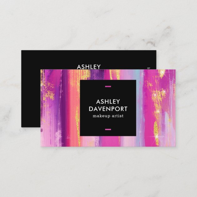 Abstract pink and gold glitter brushstrokes makeup business card (back side)