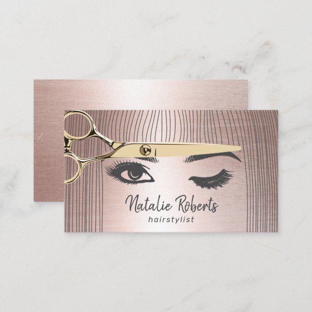 Hair Stylist Gold Scissor & Girl Salon Rose Gold Business Card (back side)