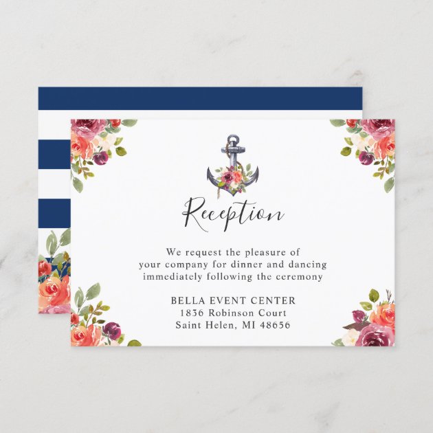 Navy Blue Nautical Anchor Floral Wedding Reception Enclosure Card