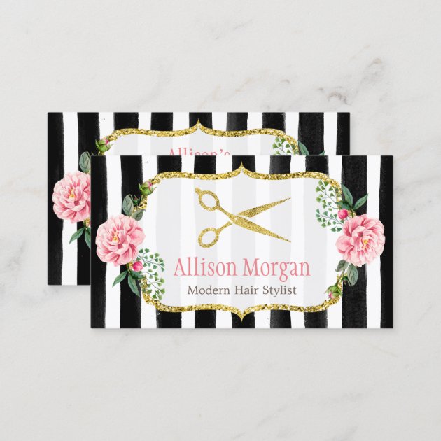 Modern Hair Stylist Girly Gold Pink Floral Striped Business Card (back side)