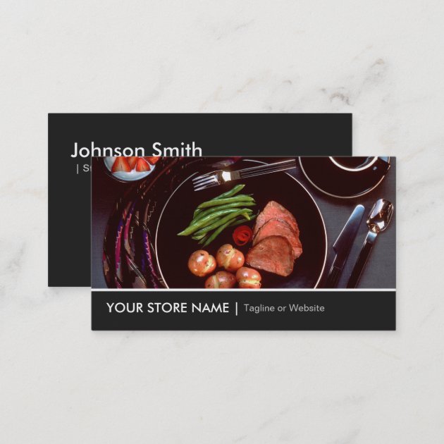 Elegant Modern Cuisine Beef Steak Tableware Theme Business Card (back side)