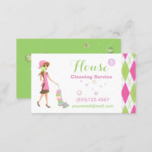 Trendy Cartoon Maid House Cleaning Services Business Card (back side)