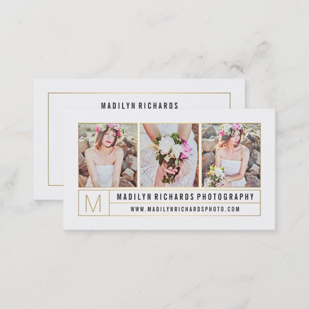 Modern elegant white chic gold lines photography business card (back side)