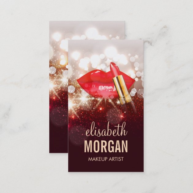 Glamor Red Lips Gold Glitter Sparkle Makeup Artist Business Card (back side)