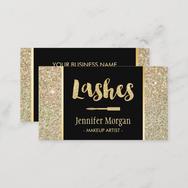 Trendy Gold Lashes Glitter Sparkles Makeup Artist Business Card (back side)