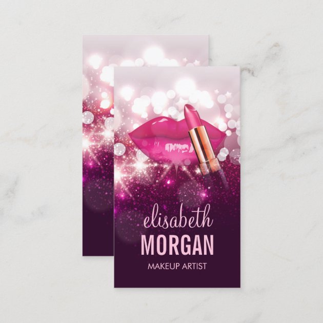 Makeup Artist Red Lips Pink Glitter Sparkling Business Card (back side)