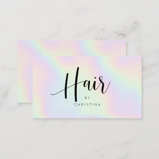 Chic holographic rainbow unicorn hair script business card (back side)
