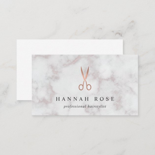 Marble & Rose Gold Scissors Logo Hairstylist Business Card (back side)