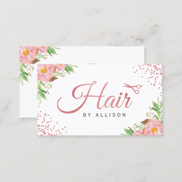 Trendy Rose Gold Scissors Floral Hair Stylist Business Card (back side)