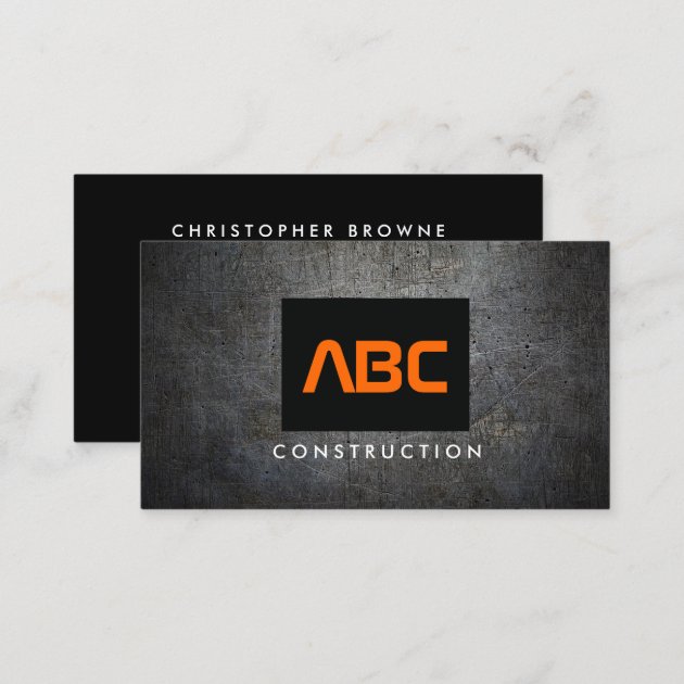Black/Orange Monogram Grunge Metal Construction II Business Card (back side)