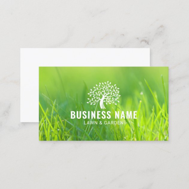 Lawn & Garden Care Tree Logo Green Landscaping Business Card (back side)