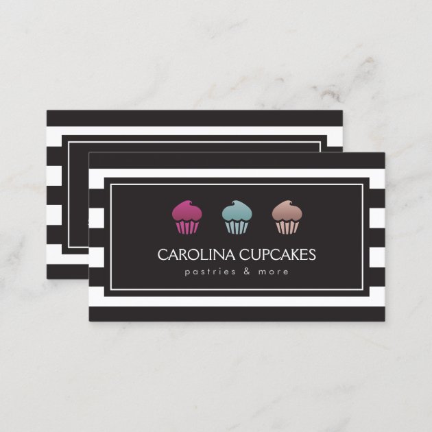 Luxury Striped Cupcake Trio Bakery Business Card (back side)