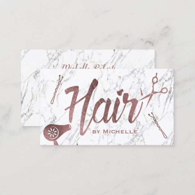 Hair Salon Rose Gold Typography White Marble Business Card (back side)